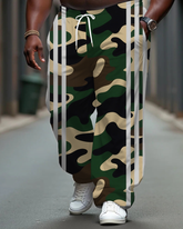Big Men's Casual Fashion Camouflage Simple Stripes Printed Pants with Pockets & Drawstring